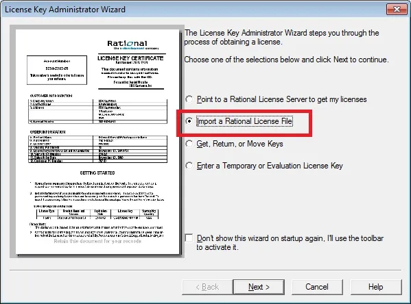 Chọn dòng Import a Rational License File trong công cụ IBM Rational License Key Administrator