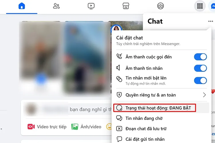 Chọn dòng 'Trạng thái hoạt động: ĐANG BẬT' trong cài đặt chat