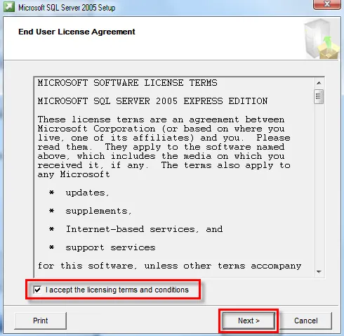 Chọn đồng ý các điều khoản cấp phép khi cài SQL Server 2005