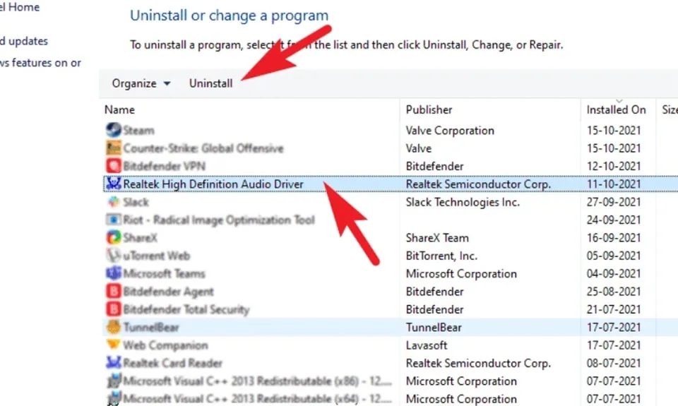 Chọn driver âm thanh trong Programs & Features