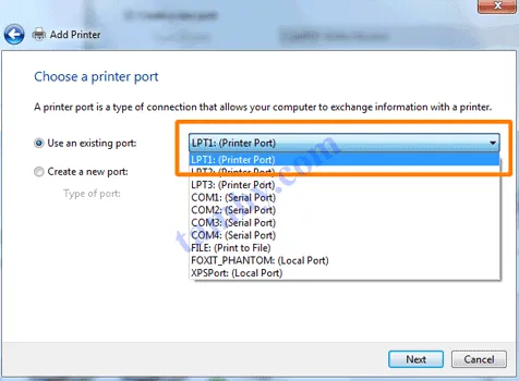 Chọn đúng cổng USB (port) để tiếp tục quá trình cài đặt driver máy in
