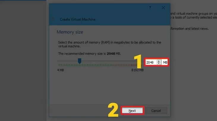 Chọn dung lượng RAM ảo. Cân nhắc kỹ vì RAM này sẽ được lấy trực tiếp từ hệ thống chủ