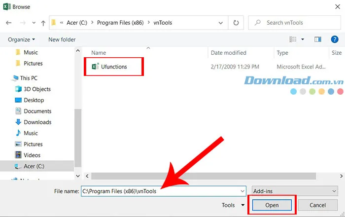 Chọn đường dẫn cài đặt VnTools và chọn tệp Unfunctions.xls/xla