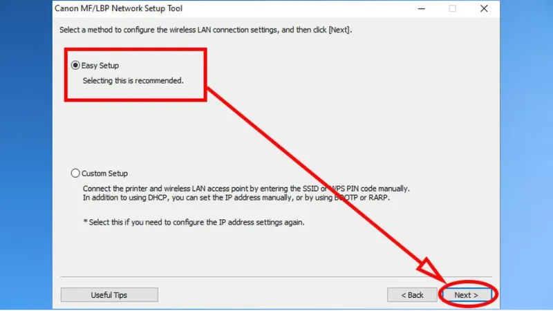 Chọn "Easy Setup" để đơn giản hóa quá trình cấu hình kết nối mạng cho máy in