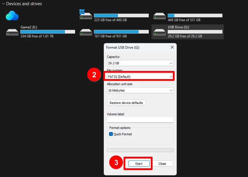 Chọn FAT32 và bắt đầu định dạng