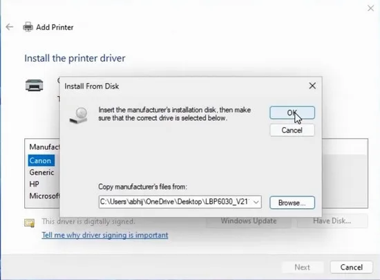Chọn file .inf (file thông tin cài đặt) trong thư mục driver