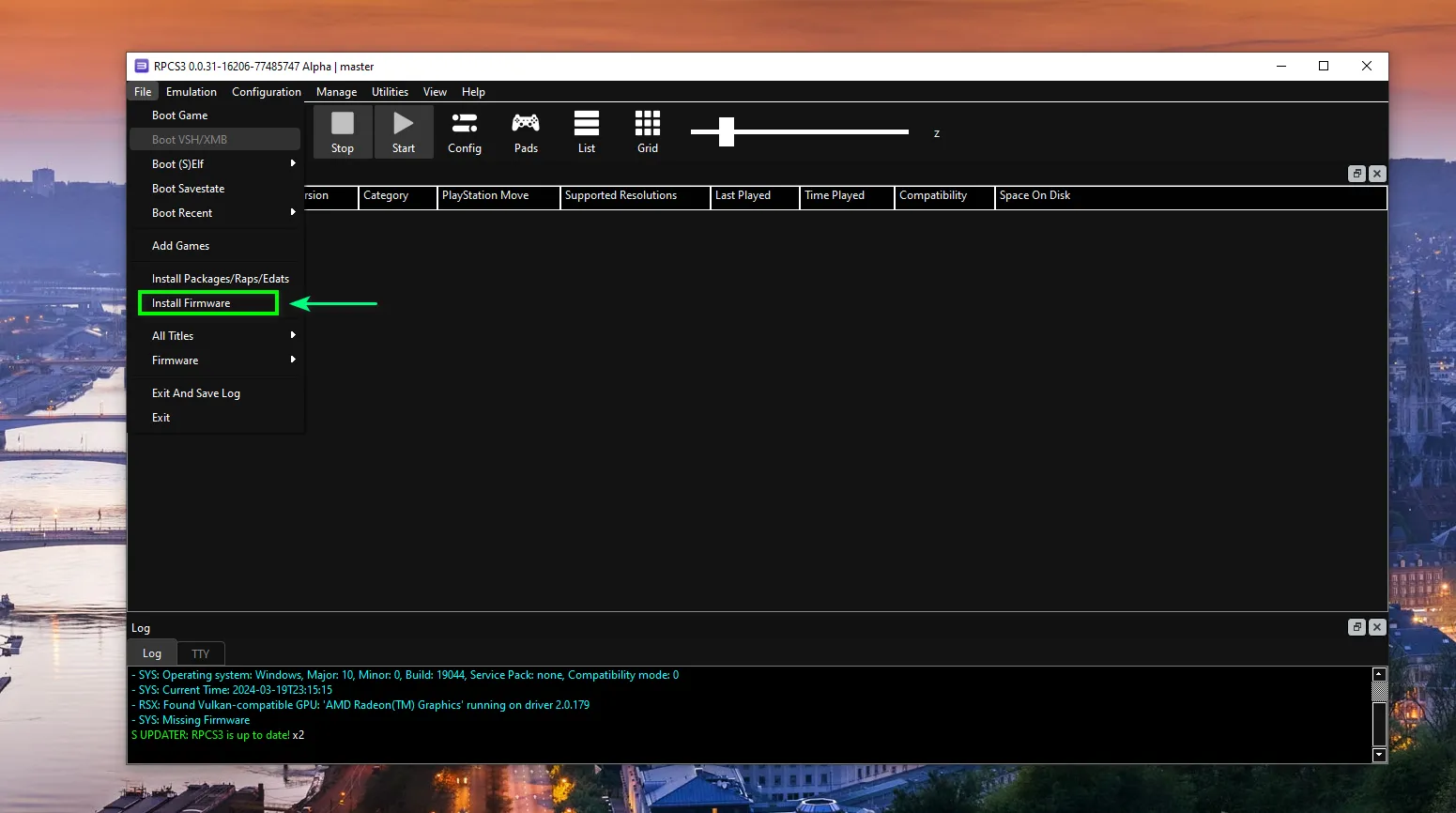 Chọn File và sau đó Install Firmware trong menu RPCS3 để hoàn tất cách cài PS3 trên PC