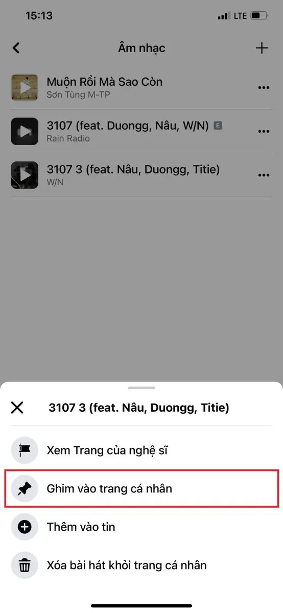 Chọn Ghim vào trang cá nhân từ menu ba chấm để hiển thị bài hát