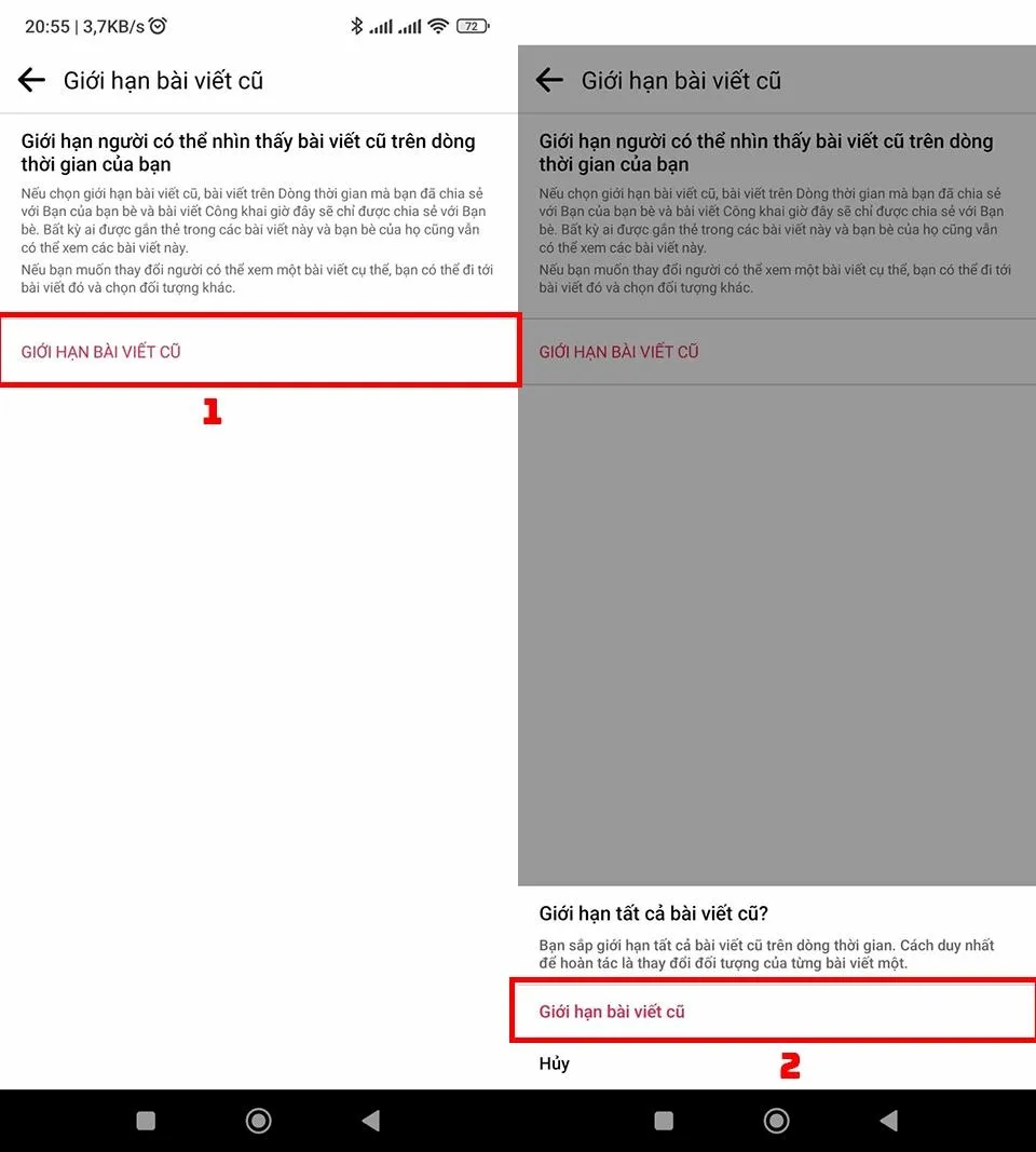 Chọn Giới hạn ai có thể xem bài viết cũ và xác nhận