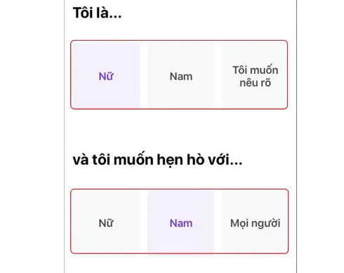 Chọn giới tính của bạn và giới tính muốn hẹn hò