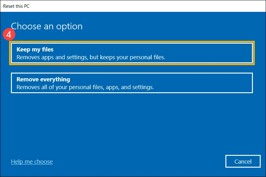 Chọn Giữ tệp của tôi khi cài lại Windows 10