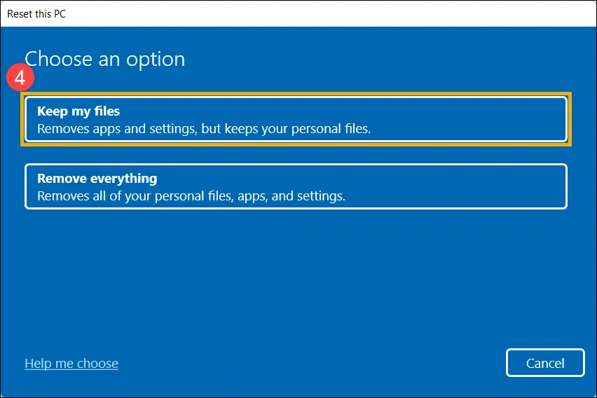 Chọn Giữ tệp của tôi khi cài lại Windows 11