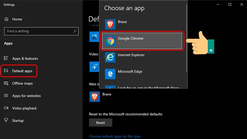 Chọn Google Chrome từ danh sách trình duyệt web mặc định