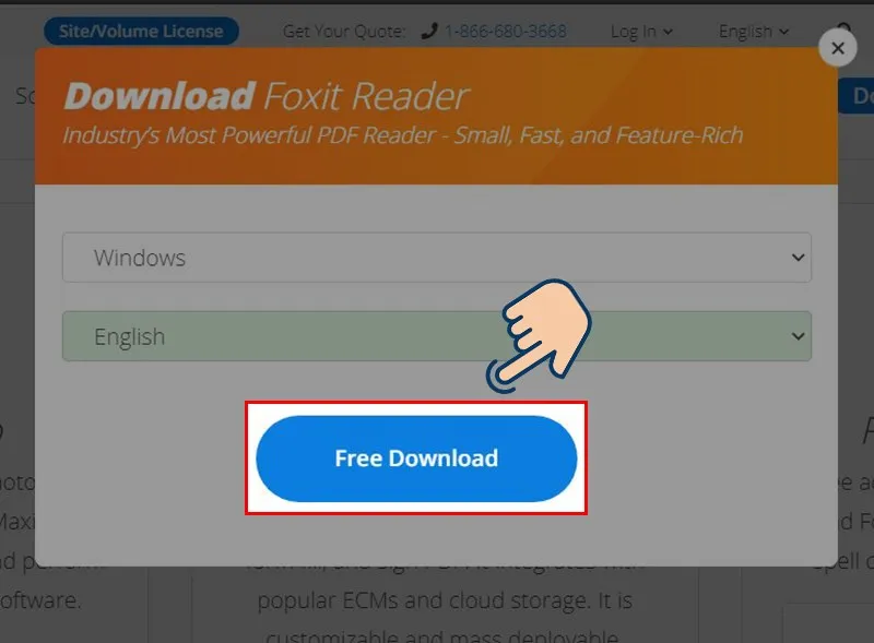 Chọn hệ điều hành và ngôn ngữ trên trang Foxit Reader, sau đó nhấn Free Download