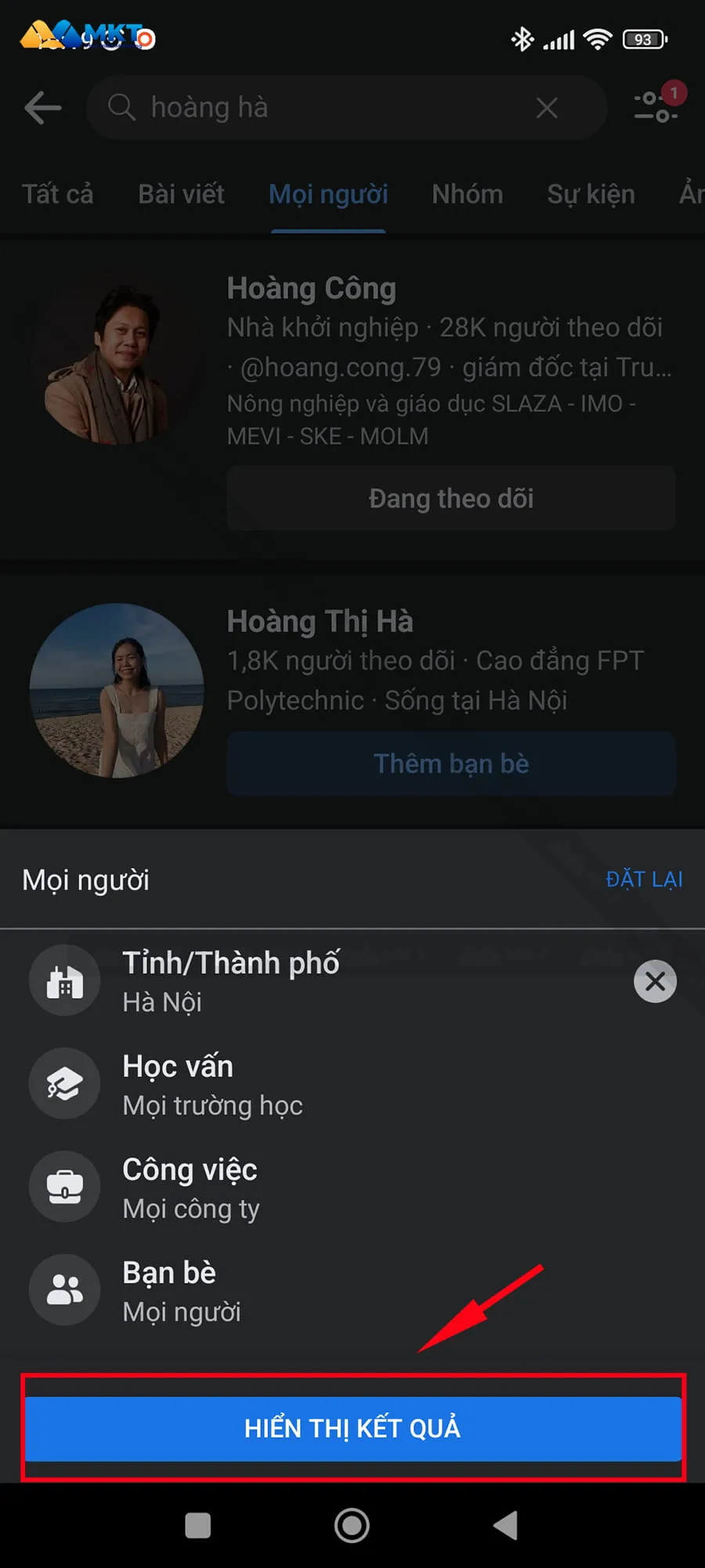 Chọn Hiển thị kết quả