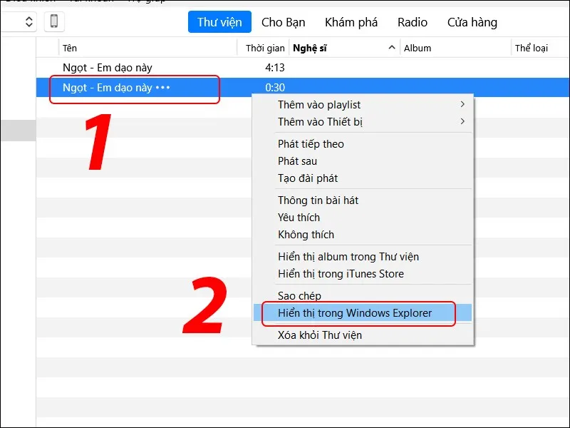 Chọn Hiển thị trong Windowns Explorer để truy cập tệp nhạc chuông đã cắt