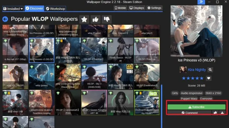 Chọn hình nền yêu thích và nhấn nút Subscribe để tải về và áp dụng trong Wallpaper Engine