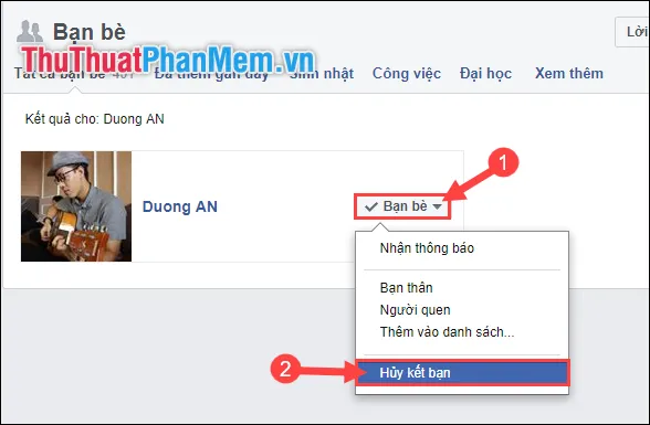 Chọn Hủy kết bạn từ danh sách