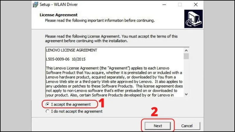 Chọn I accept the agreement và Next để cài Driver Wifi trên Windows 7