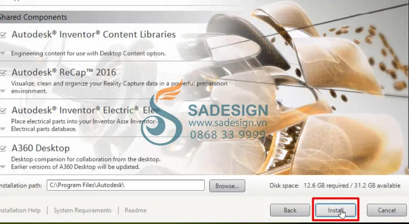 Chọn Install để bắt đầu sao chép các tệp và hoàn thành quy trình cài đặt phần mềm Inventor 2016