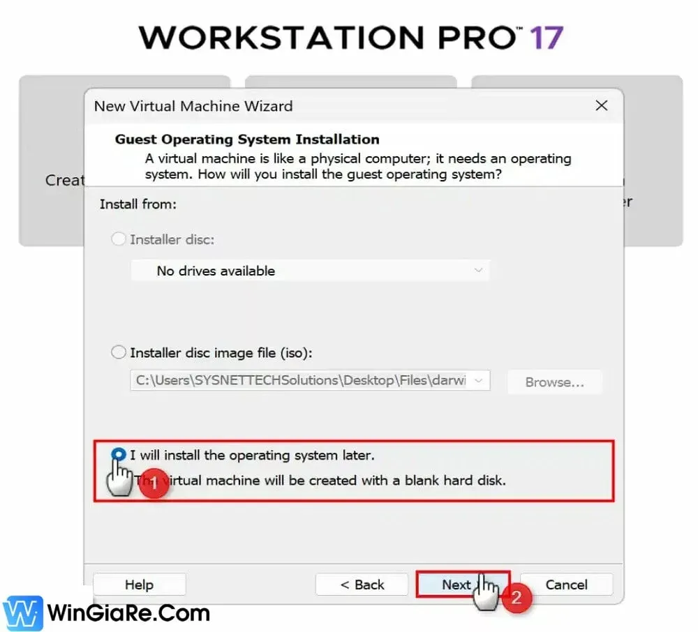 Chọn Install operating system later khi thiết lập máy ảo macOS