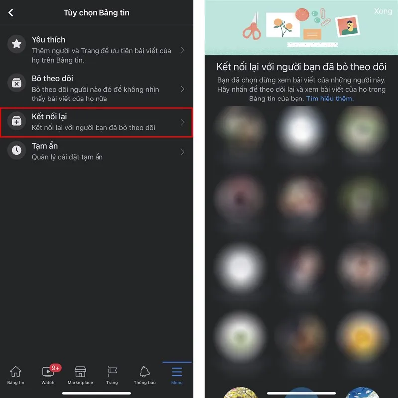 Chọn kết nối lại để theo dõi lại bạn bè trên Facebook trên điện thoại