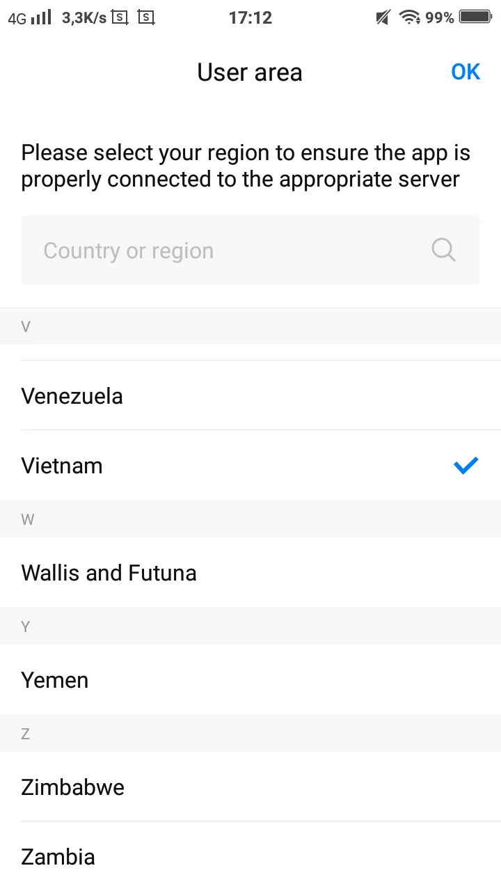 Chọn khu vực Vietnam khi cài đặt ứng dụng BroadLink