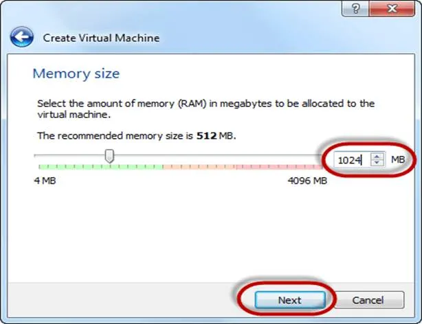Chọn kích thước bộ nhớ RAM (khoảng 1024MB) cho máy ảo Linux
