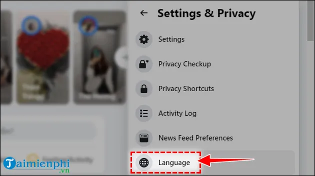 Chọn Language trong menu cài đặt để thực hiện cách chuyển đổi facebook sang tiếng việt