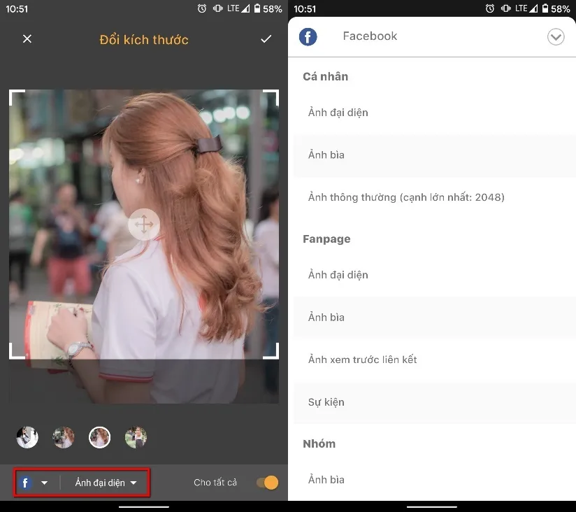 Chọn loại ảnh đăng (thông thường, ảnh bìa...) và bật công tắc 'Cho tất cả'
