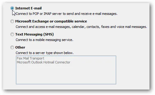 Chọn loại tài khoản Internet E-mail
