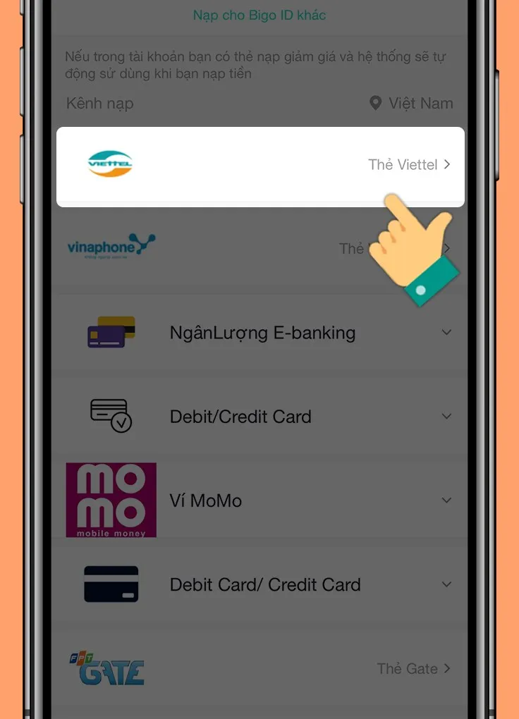 Chọn loại thẻ điện thoại muốn sử dụng để nạp kim cương Bigo Live