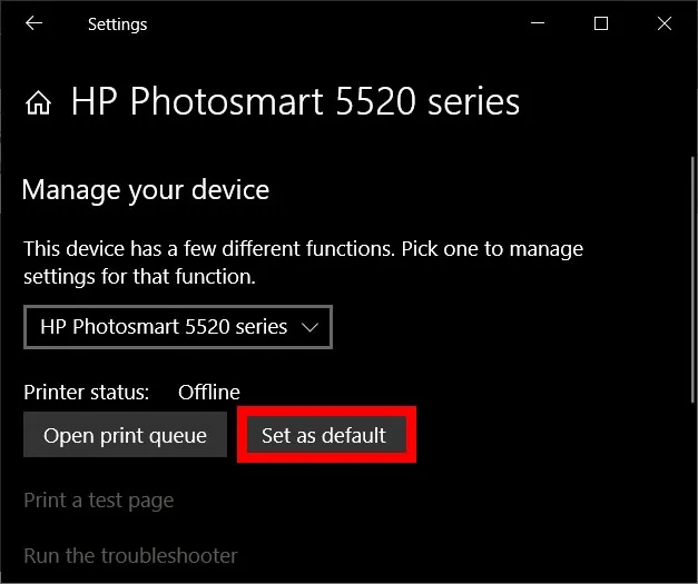 Chọn Manage và Set as Default để đặt máy in làm mặc định trên Windows 10