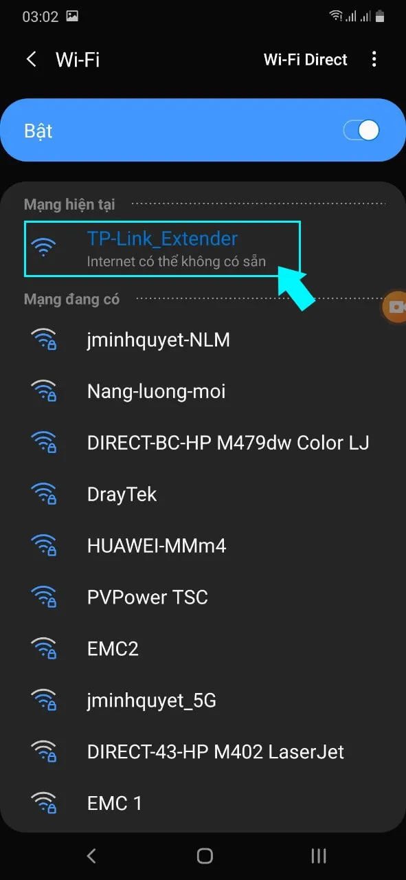 Chọn mạng Wi-Fi TP-Link_Extender để bắt đầu cách cài đặt TP-Link WA850RE