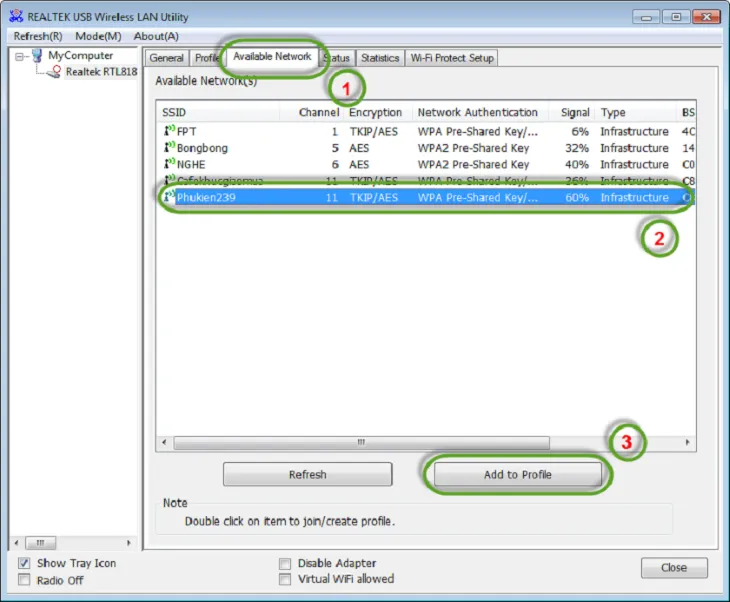 Chọn mạng WiFi có sẵn trong phần mềm Driver để tiến hành kết nối cho laptop