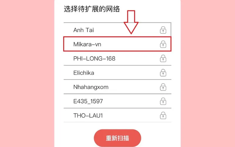 Chọn mạng wifi gốc từ danh sách mạng khi cấu hình bộ kích sóng Mercury