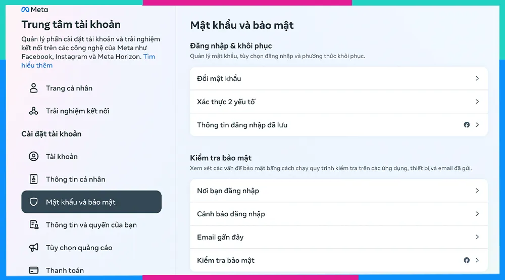 Chọn Mật khẩu và bảo mật trong Trung tâm Tài khoản Facebook