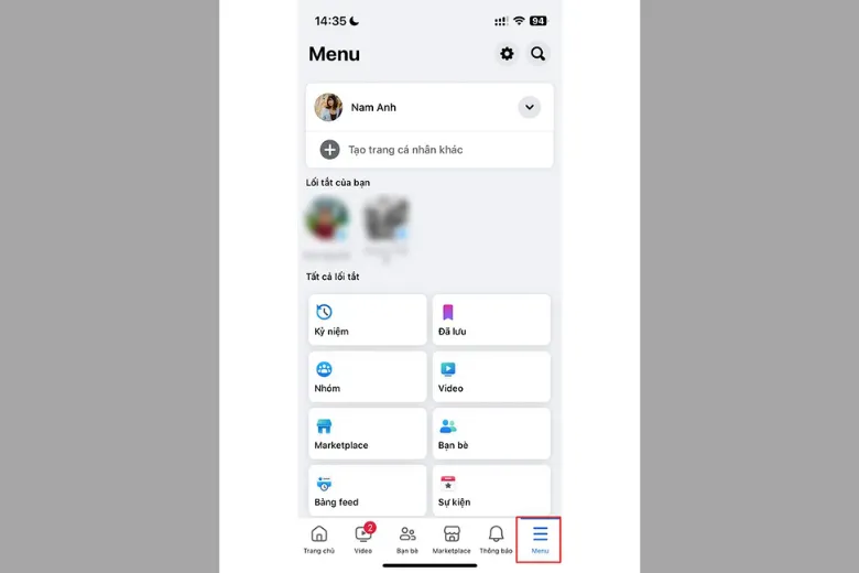 Chọn Menu trên ứng dụng Facebook