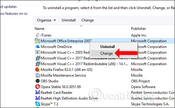Chọn Microsoft Office và nhấn Change để thay đổi cài đặt cách cài vba visual basic for application