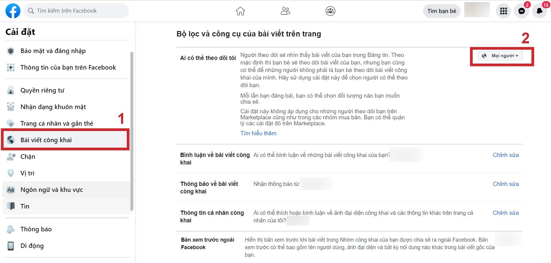 Chọn "Mọi người" tại mục "Ai có thể theo dõi tôi" trong Bài viết công khai