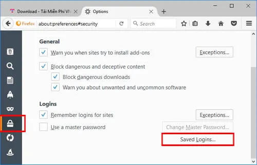 Chọn mục Bảo mật (Security) và Thông tin đăng nhập đã lưu (Saved logins)