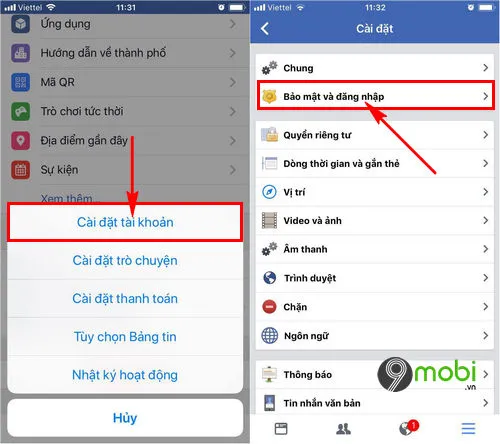Chọn mục Bảo mật và đăng nhập trong giao diện Cài đặt tài khoản Facebook