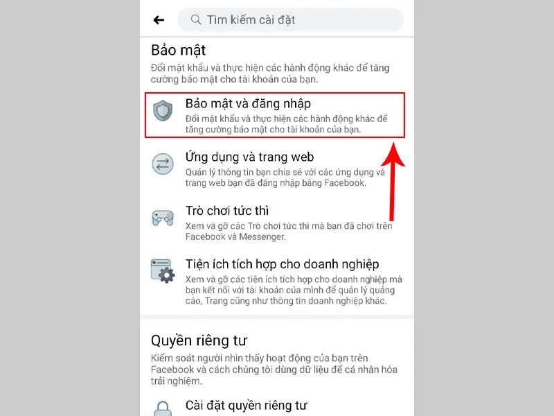 Chọn mục Bảo mật và đăng nhập