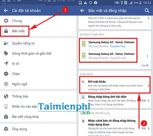 Chọn mục Bảo mật và Đổi mật khẩu trong cài đặt tài khoản Facebook