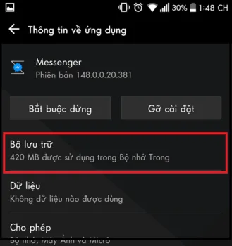 Chọn mục "Bộ lưu trữ" trong giao diện thông tin ứng dụng Messenger