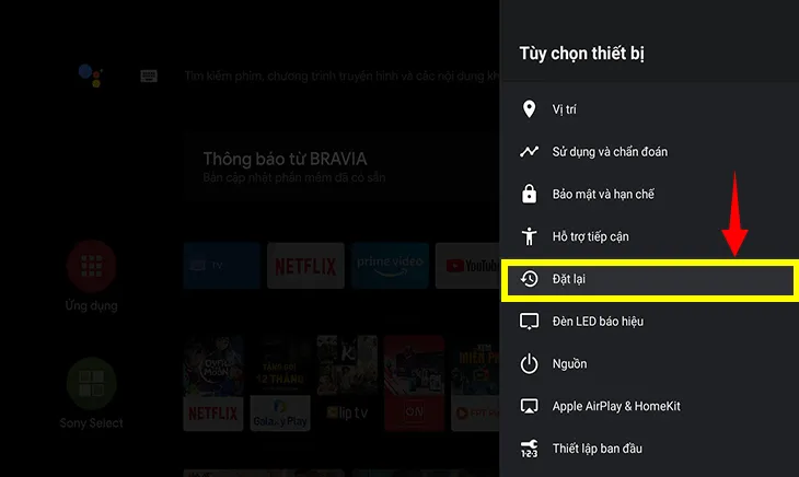 Chọn mục Đặt lại