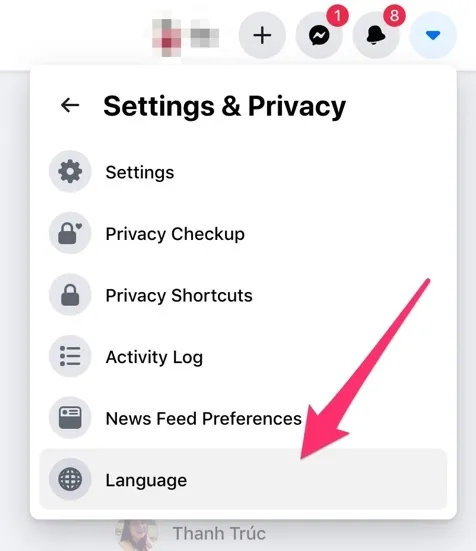 Chọn mục Language (Ngôn ngữ) trong phần Settings & Privacy trên PC
