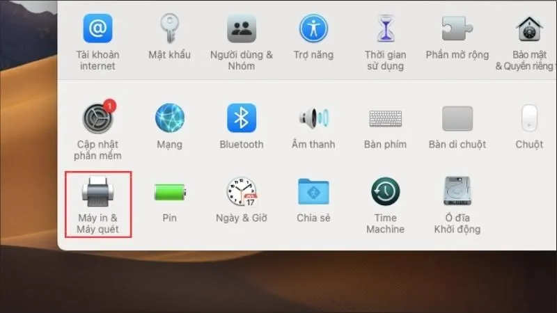 Chọn mục Máy in & Máy quét trong Tuỳ chọn Hệ thống