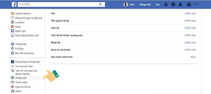Chọn mục Quảng cáo trong Cài đặt Facebook