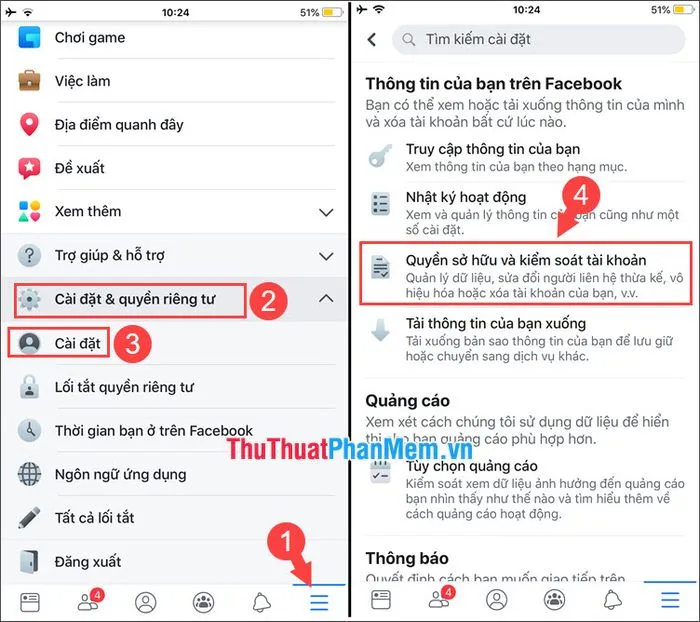 Chọn mục Quyền sở hữu và kiểm soát tài khoản trong Cài đặt